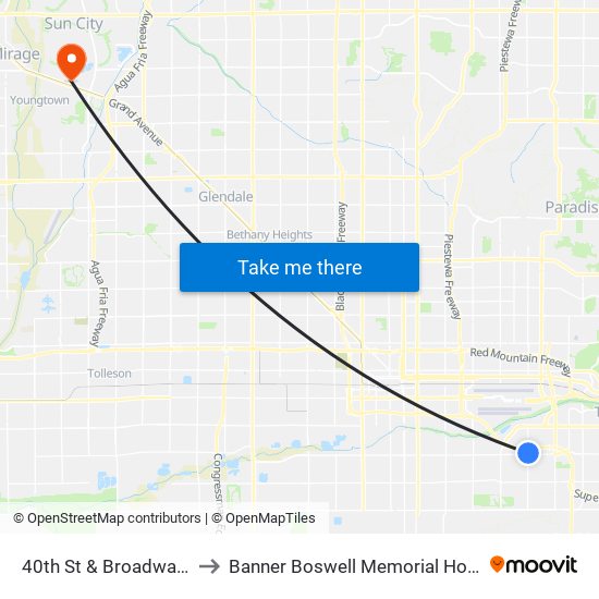 40th St & Broadway Rd to Banner Boswell Memorial Hospital map