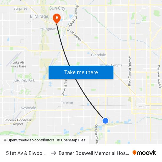 51st Av & Elwood St to Banner Boswell Memorial Hospital map