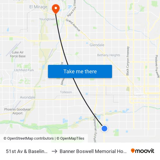 51st Av & Baseline Rd to Banner Boswell Memorial Hospital map