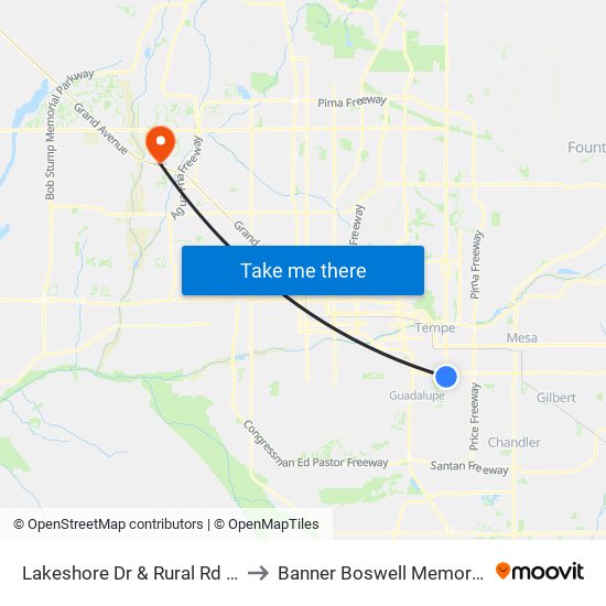 Lakeshore Dr & Rural Rd (Flag Zone) to Banner Boswell Memorial Hospital map