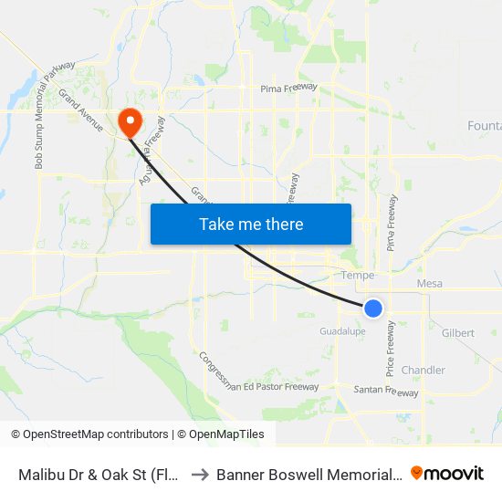 Malibu Dr & Oak St (Flag Zone) to Banner Boswell Memorial Hospital map