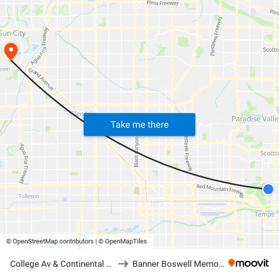 College Av & Continental Dr (Flag Zone) to Banner Boswell Memorial Hospital map