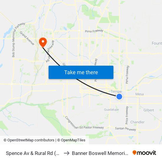 Spence Av & Rural Rd (Flag Zone) to Banner Boswell Memorial Hospital map