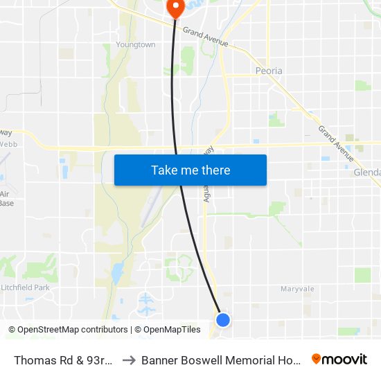 Thomas Rd & 93rd Av to Banner Boswell Memorial Hospital map