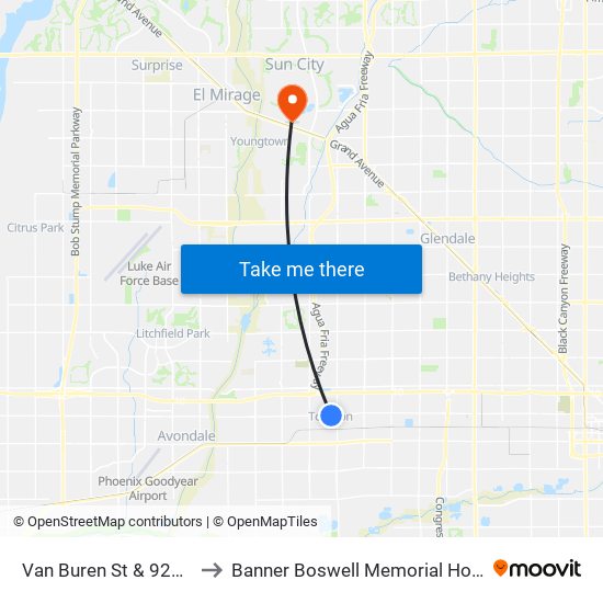 Van Buren St & 92nd Dr to Banner Boswell Memorial Hospital map