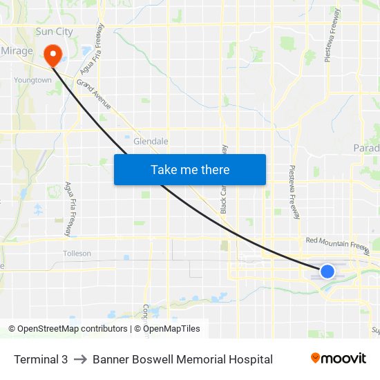 Terminal 3 to Banner Boswell Memorial Hospital map