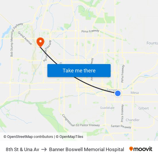 8th St & Una Av to Banner Boswell Memorial Hospital map