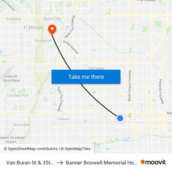 Van Buren St & 35th Av to Banner Boswell Memorial Hospital map