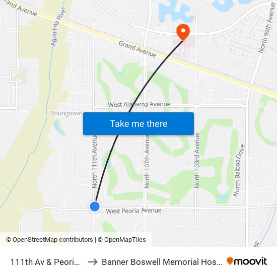 111th Av & Peoria Av to Banner Boswell Memorial Hospital map