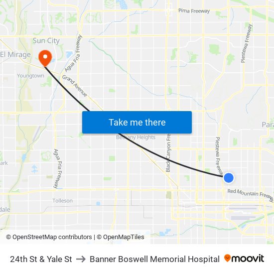 24th St & Yale St to Banner Boswell Memorial Hospital map