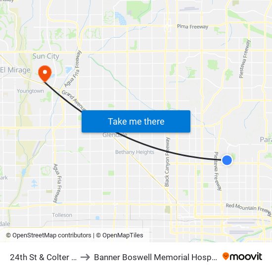 24th St & Colter St to Banner Boswell Memorial Hospital map