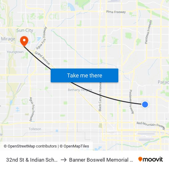 32nd St & Indian School Rd to Banner Boswell Memorial Hospital map