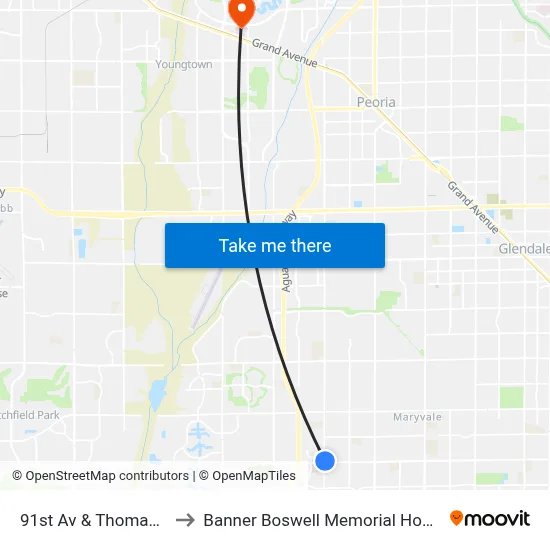 91st Av & Thomas Rd to Banner Boswell Memorial Hospital map