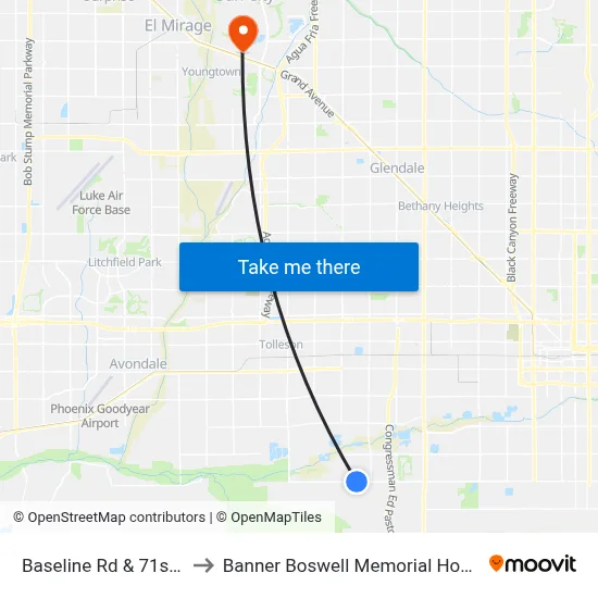 Baseline Rd & 71st Av to Banner Boswell Memorial Hospital map