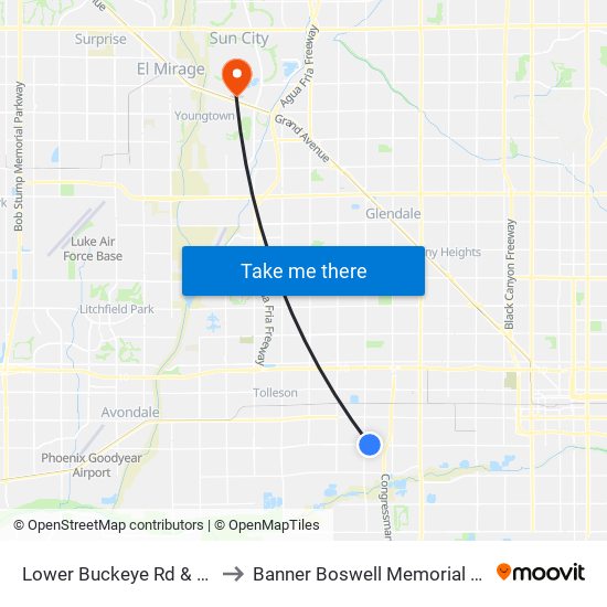 Lower Buckeye Rd & 65th Dr to Banner Boswell Memorial Hospital map