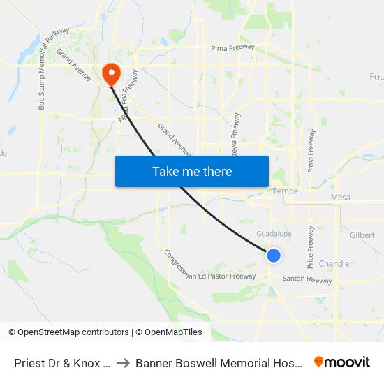 Priest Dr & Knox Rd to Banner Boswell Memorial Hospital map