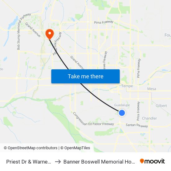 Priest Dr & Warner Rd to Banner Boswell Memorial Hospital map
