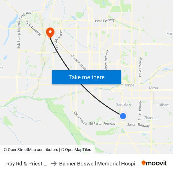Ray Rd & Priest Dr to Banner Boswell Memorial Hospital map