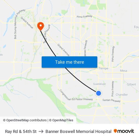 Ray Rd & 54th St to Banner Boswell Memorial Hospital map