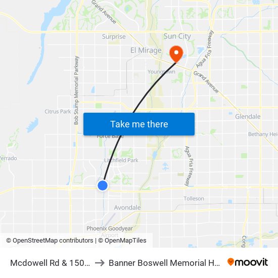 Mcdowell Rd & 150th Dr to Banner Boswell Memorial Hospital map