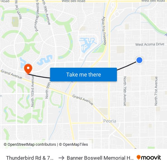 Thunderbird Rd & 75th Av to Banner Boswell Memorial Hospital map