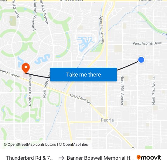 Thunderbird Rd & 75th Av to Banner Boswell Memorial Hospital map