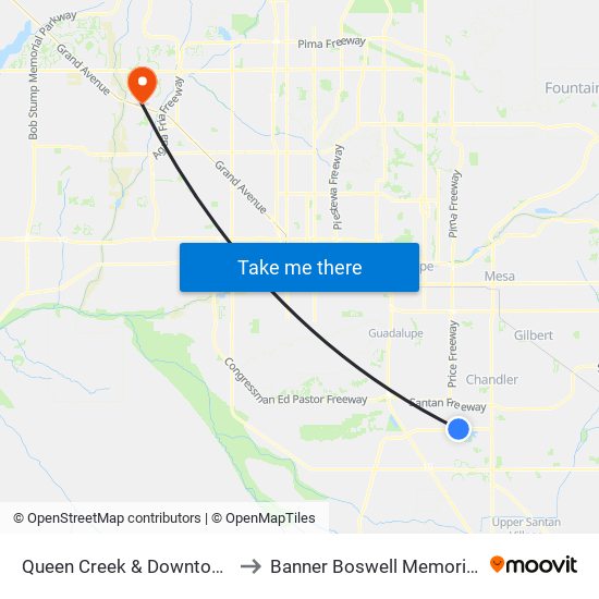 Queen Creek & Downtown Ocotillo to Banner Boswell Memorial Hospital map