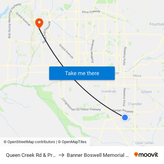 Queen Creek Rd & Price Rd to Banner Boswell Memorial Hospital map