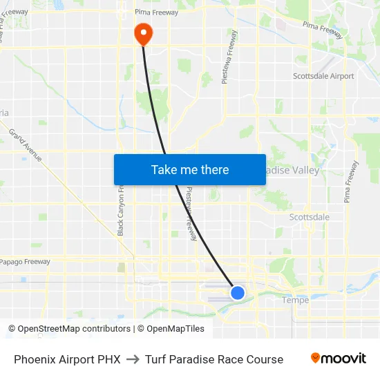 Phoenix Airport PHX to Turf Paradise Race Course map