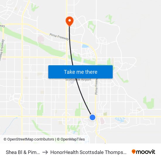 Shea Bl & Pima Crossing to HonorHealth Scottsdale Thompson Peak Medical Center map
