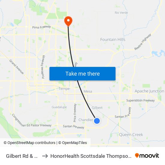 Gilbert Rd & Oakland St to HonorHealth Scottsdale Thompson Peak Medical Center map