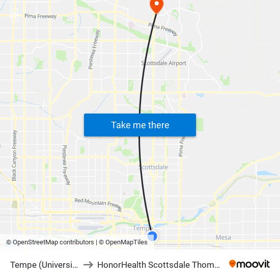 Tempe (University Dr/Rural Rd) to HonorHealth Scottsdale Thompson Peak Medical Center map