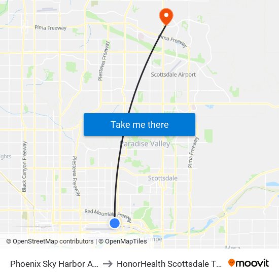 Phoenix Sky Harbor Airport/44th Street Station to HonorHealth Scottsdale Thompson Peak Medical Center map