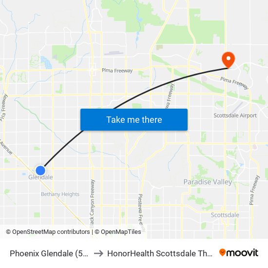 Phoenix Glendale (59th Ave / W. Hayward) to HonorHealth Scottsdale Thompson Peak Medical Center map