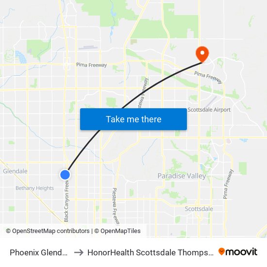 Phoenix Glendale Bus Stop to HonorHealth Scottsdale Thompson Peak Medical Center map