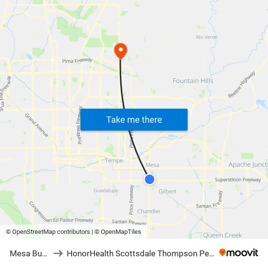 Mesa Bus Stop to HonorHealth Scottsdale Thompson Peak Medical Center map