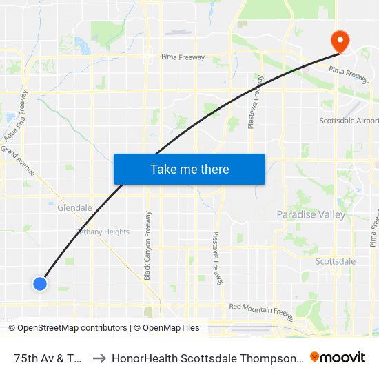 75th Av & Thomas Rd to HonorHealth Scottsdale Thompson Peak Medical Center map