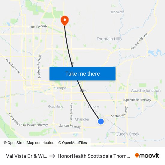 Val Vista Dr & Williams Field Rd to HonorHealth Scottsdale Thompson Peak Medical Center map