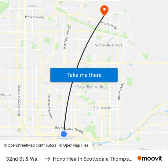 32nd St & Washington St to HonorHealth Scottsdale Thompson Peak Medical Center map