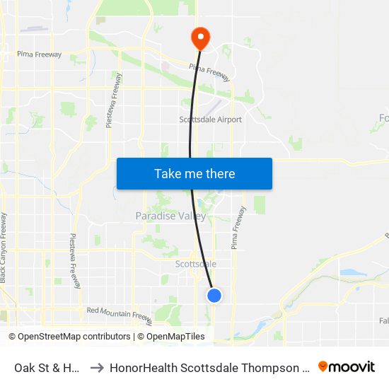 Oak St & Hayden Rd to HonorHealth Scottsdale Thompson Peak Medical Center map