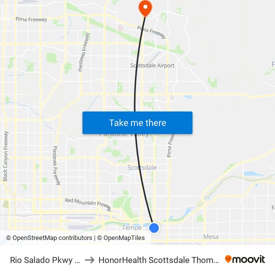 Rio Salado Pkwy & Mcclintock Dr to HonorHealth Scottsdale Thompson Peak Medical Center map