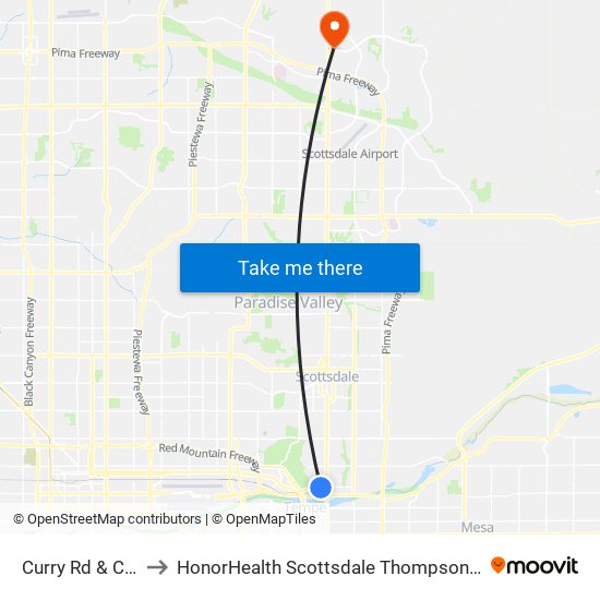 Curry Rd & College Av to HonorHealth Scottsdale Thompson Peak Medical Center map