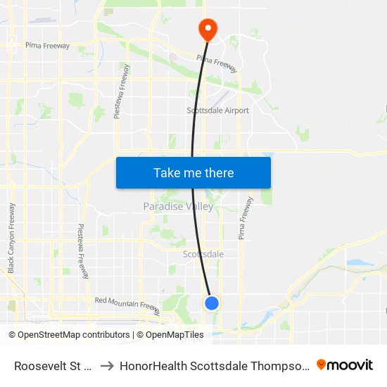 Roosevelt St & Miller Rd to HonorHealth Scottsdale Thompson Peak Medical Center map