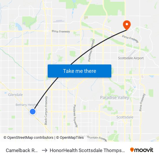 Camelback Rd & 40th Av to HonorHealth Scottsdale Thompson Peak Medical Center map
