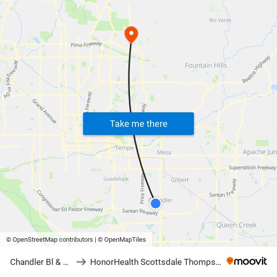 Chandler Bl & Evergreen St to HonorHealth Scottsdale Thompson Peak Medical Center map