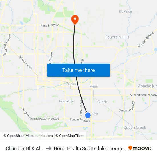 Chandler Bl & Alma School Rd to HonorHealth Scottsdale Thompson Peak Medical Center map