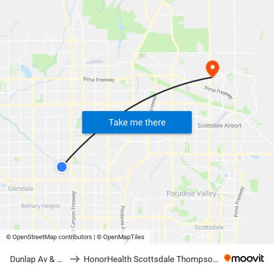 Dunlap Av & 3300 West to HonorHealth Scottsdale Thompson Peak Medical Center map