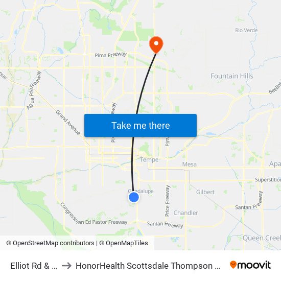 Elliot Rd & 48th St to HonorHealth Scottsdale Thompson Peak Medical Center map