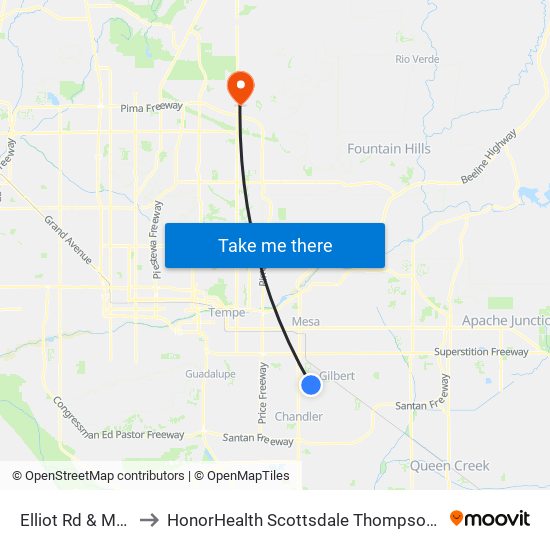 Elliot Rd & Mcqueen Rd to HonorHealth Scottsdale Thompson Peak Medical Center map