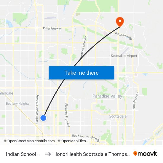 Indian School Rd & 19th Av to HonorHealth Scottsdale Thompson Peak Medical Center map